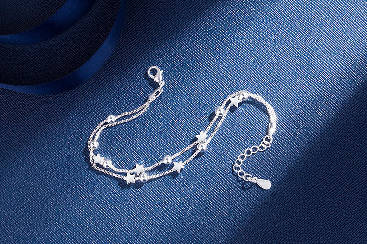Double Layer Star Bead Bracelet Adjustable Length Polished Copper Plated Silver Jewelry Gift For Women At Home