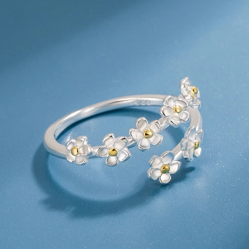 Womens Adjustable Ring Retro Geometric Petal Alloy Electroplated Artistic Flower Ring Temperament Jewelry Chic