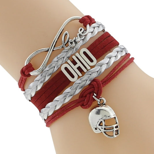 Red And Silver Ohio Bracelet With People Design Ball And Helmet Charm Jewelry Gift For Sports Fans Infinite Love