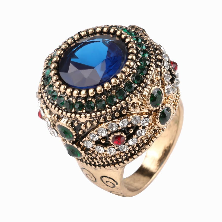 Vintage Gold Plated Inlaid Floral Ring Copper Alloy Women Jewelry With Semi Precious Gems Elegant American Style
