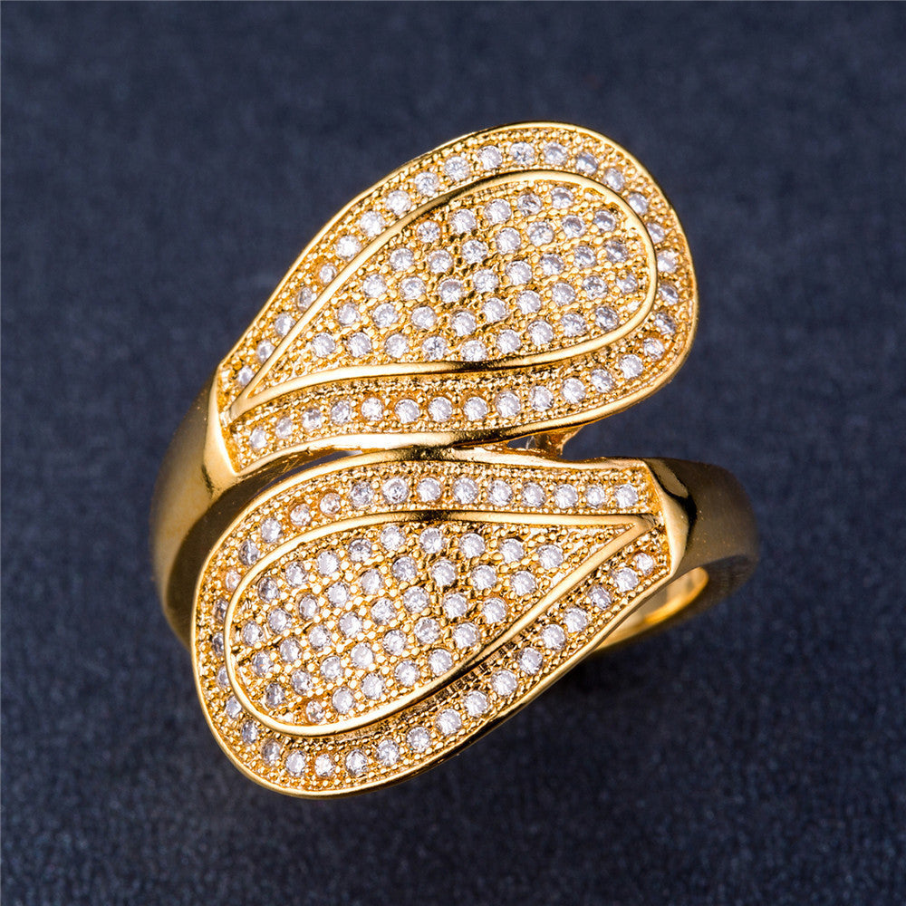 Gold Plated Leaf Ring with Zirconia Inlays and Artificial Gems for Women European American Style Elegant European Design