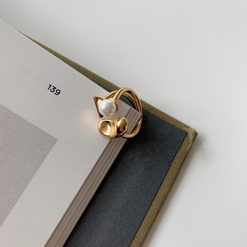 Women's Trendy Index Finger Ring with Petal Design Korean Geometric Electroplated Ring Gold-Plated Inlaid Artificial Gems Fashion Jewelry Ring