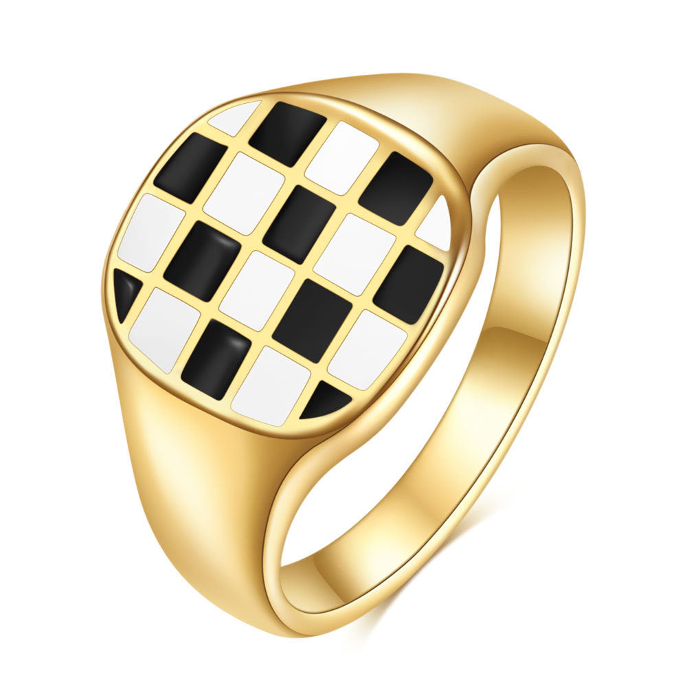 Square Black And White Checkerboard Gold Ring Titanium Steel Diamond Setting Gold Plated Inlaid Stones Size 6 7 8 9