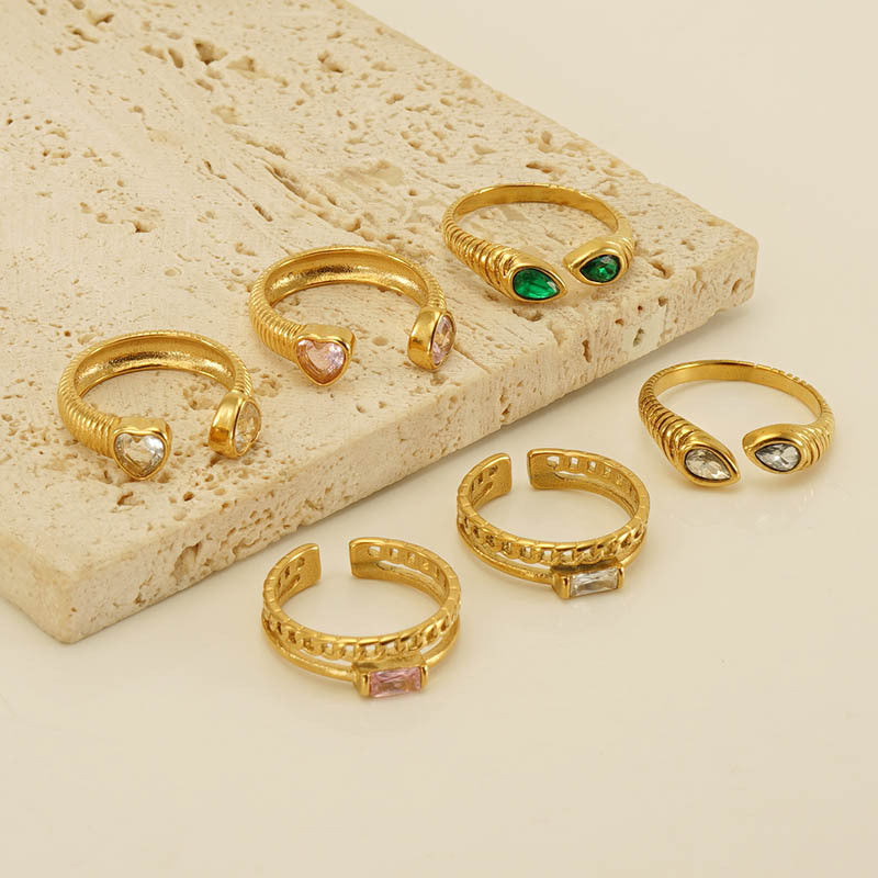 Women Stainless Steel Diamond Ring Adjustable Opening Fashion Jewelry For Her Modern Elegant Temperament Style