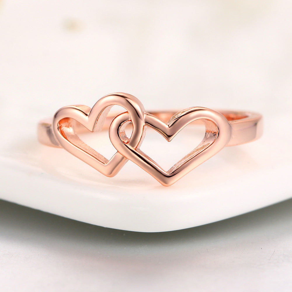 Double Heart Ring Platinum Plated Copper Inlaid Zircon Korean Fashion Jewelry Unisex Anniversary Ring Ring Ring