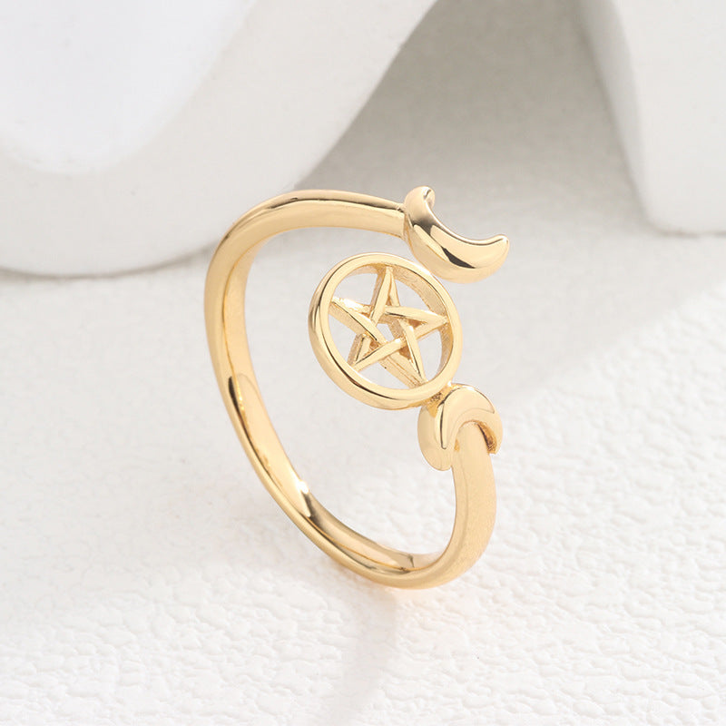 Copper Ring With Moon And Star Motifs In 18K Gold Or White Gold Finish Adjustable Size For Everyday Style Gift