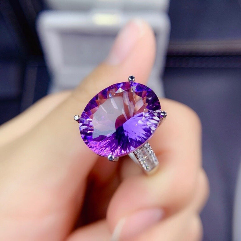 Womens Deep Purple Zircon Amethyst Ring Copper Adjustable Opening Elegant Gemstone Jewelry Enhanced Shine Tone