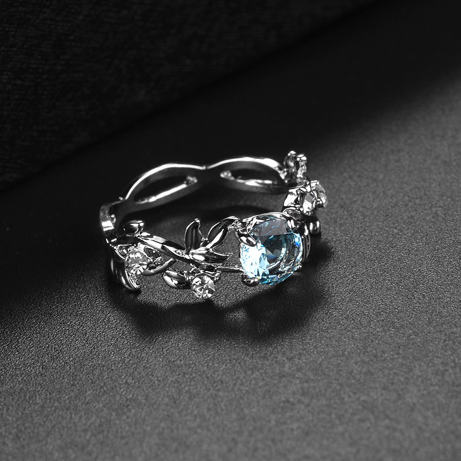 Womens Leaf Ring With Gemstones Inlaid And Diamond Detailing Sea Blue Alloy Jewelry For Her Souvenir Accessory
