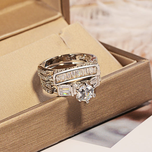 Diamond Studded Ring Sterling Silver White Gold Tone Geometric Design For Women Anniversary Gift Mosaic Gemstone