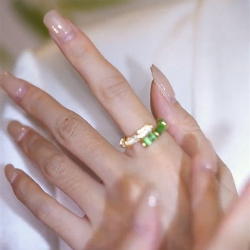 Green Bamboo Open Ring Chinese Style Gold Plated Copper Zircon Inlaid Exquisite Elegant Jewelry Gift For Her Alluring