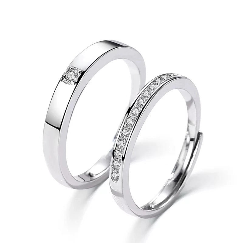 Sterling Silver Couple Rings With Diamonds Adjustable Opening Engagement Wedding Bands For Him And Her All Day