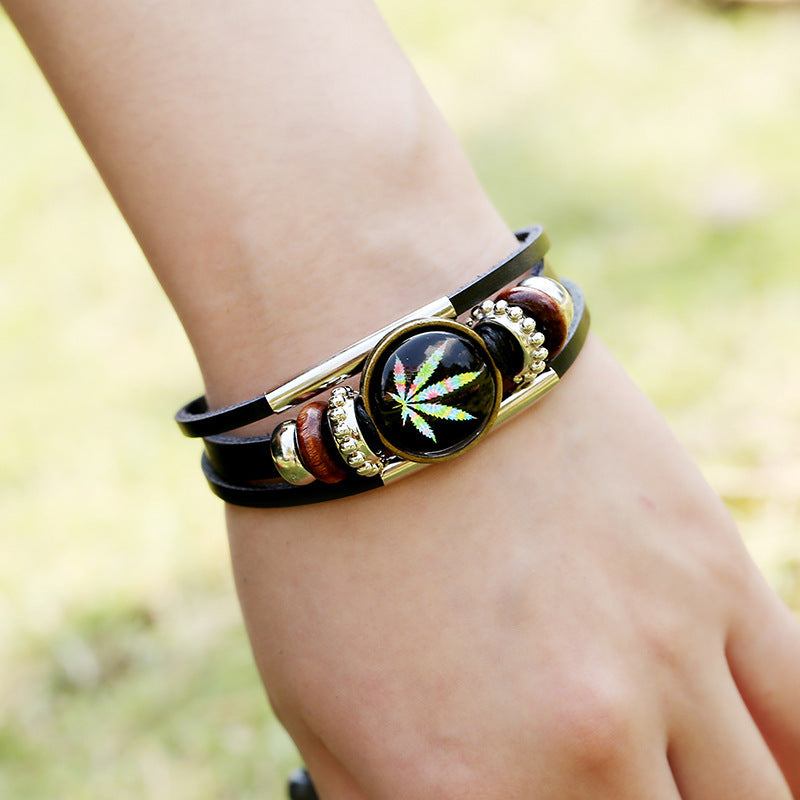 Unisex Geometric Beaded Braided Leather Bracelet Gift