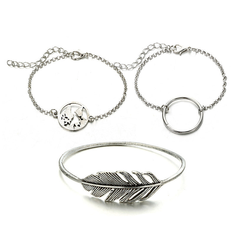 Womens Bracelet Set Geometric Alloy Design Three Piece Smooth Circle Map And Leaf Fashion Wave Mosaic Material