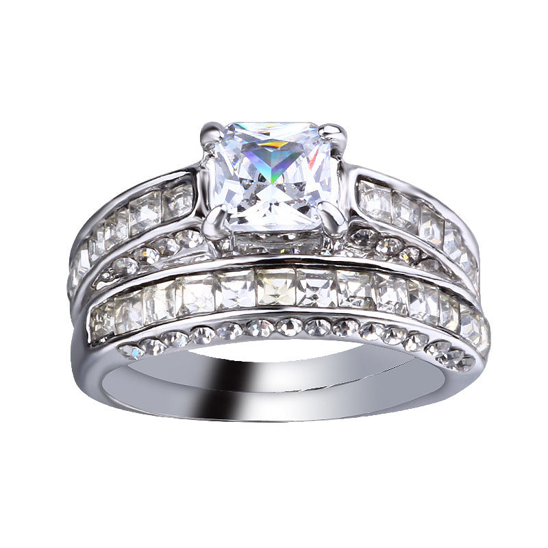 Gold Plated Alloy Wedding Ring Set With White And Blue Gems European Curve Design For Her Elegant Gift For Wedding