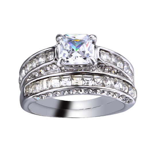 Gold Plated Alloy Wedding Ring Set With White And Blue Gems European Curve Design For Her Elegant Gift For Wedding