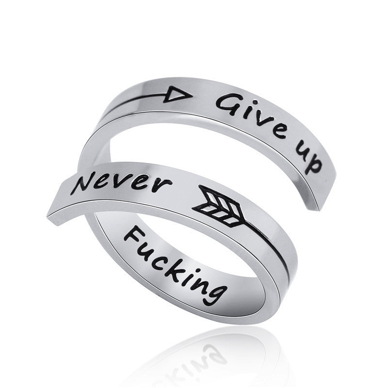 Stainless Steel Double Layer Ring Engraved Never Give Up Motivational Inspirational Band Durable Jewelry Gifts