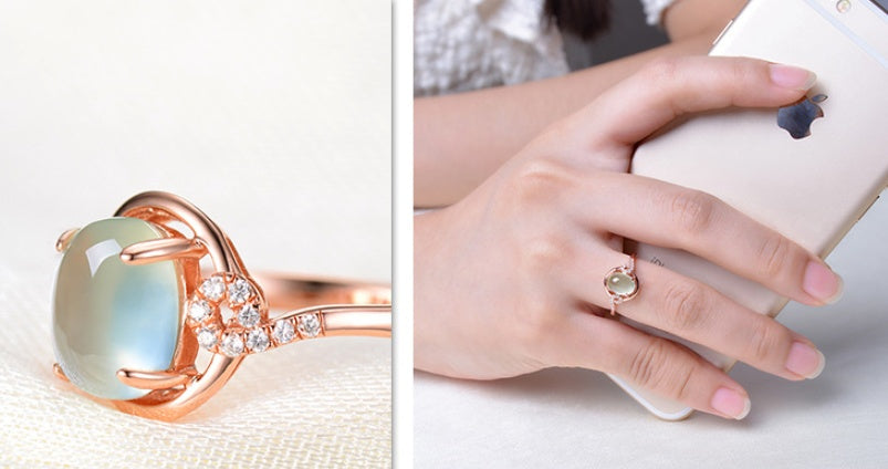 Womens Rose Gold Plated Rose Quartz Gemstone Ring Adjustable Opening White Copper Drop Shape Index Finger Tail Ring