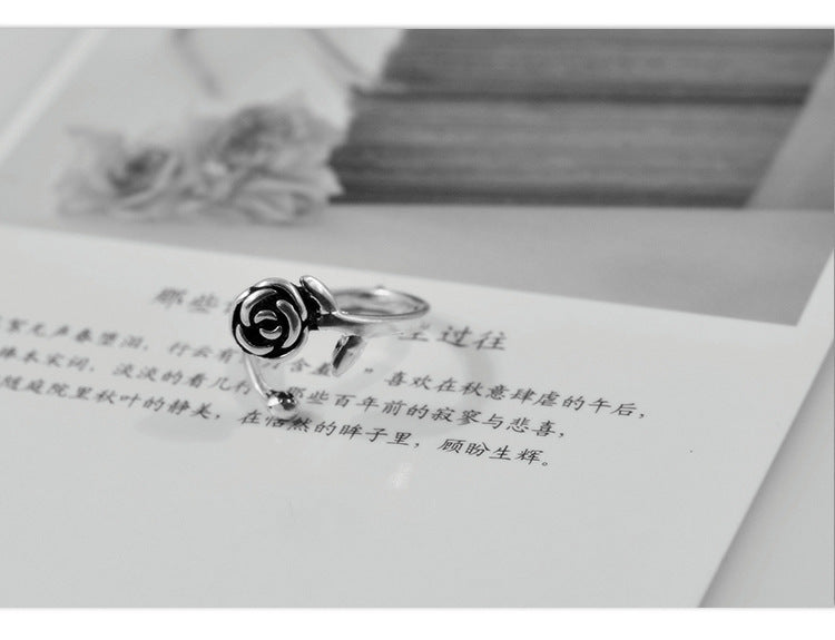 Sterling Silver Rose Flower Open Ring Vintage Design S925 Jewelry For Women And Girls Elegant Floral Ring Wear