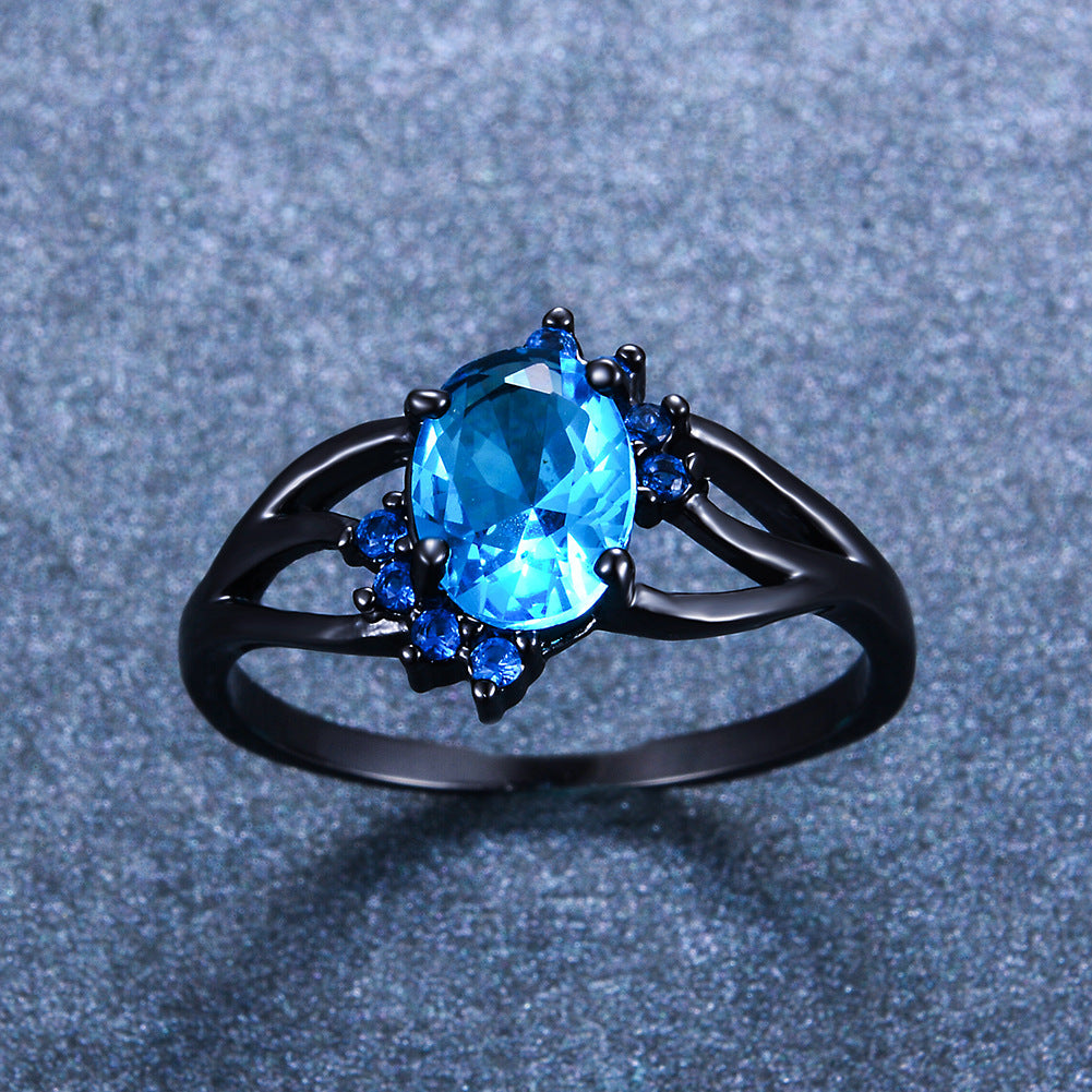 Oval Diamond Zircon Vintage Ring Gold Plated Copper Inlay Black Blue Gemstones Womens Timeless Sparkle Daywear