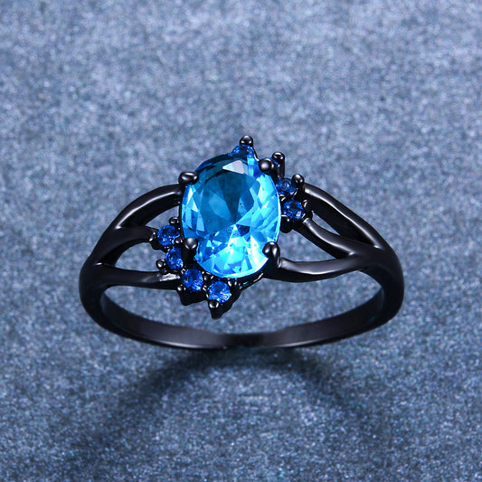 Oval Diamond Zircon Vintage Ring Gold Plated Copper Inlay Black Blue Gemstones Womens Timeless Sparkle Daywear