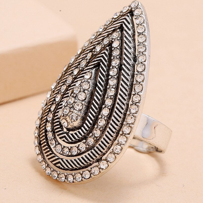 Unisex Alloy Drop Shape Ring With Diamond Inlay Artificial Gems Travel Souvenir European American Individually Packed