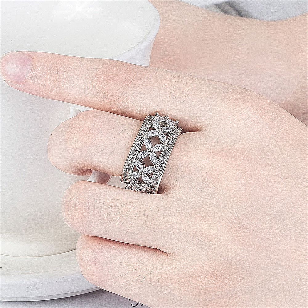 Womens Zircon Ring Brass White Steel European American Style Ladies Fashion Statement Ring Elegant Sparkle Shimmering