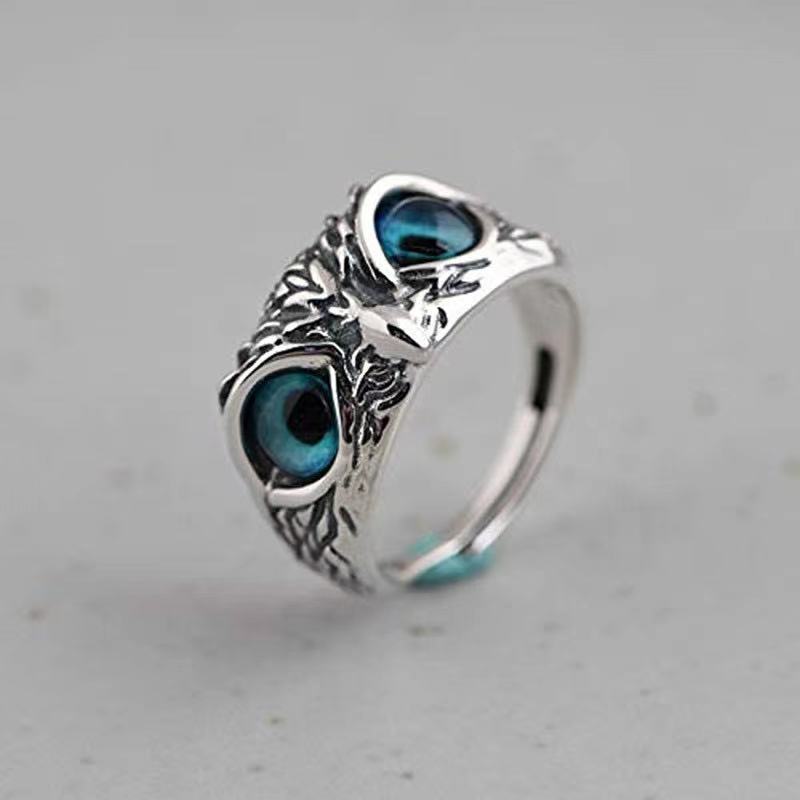 Vintage Owl Ring With Gemstone Adjustable Silver Jewelry Animal Zodiac Design Gift For Men Women Unisex Accessory