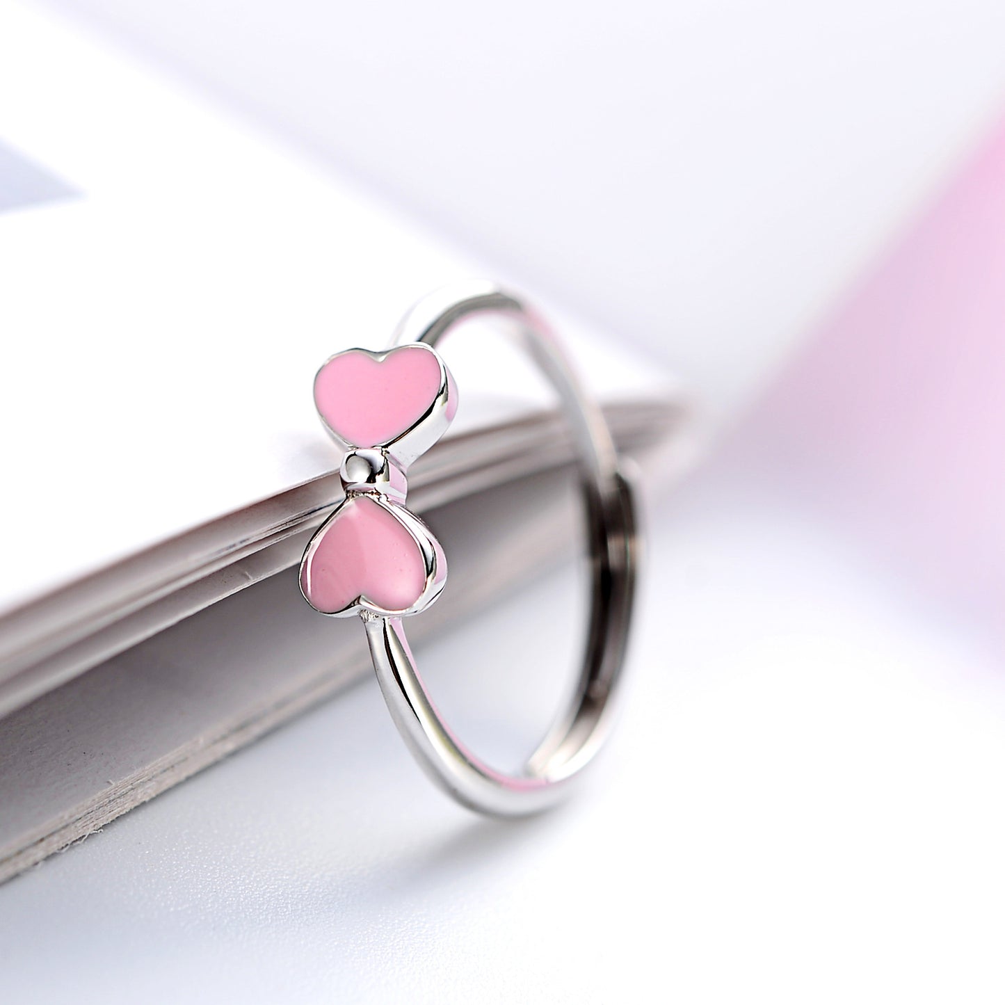 925 Sterling Silver Ring With Epoxy Bow Design Adjustable Opening Heart Shaped Ring Korea Jewelry Red Pink For