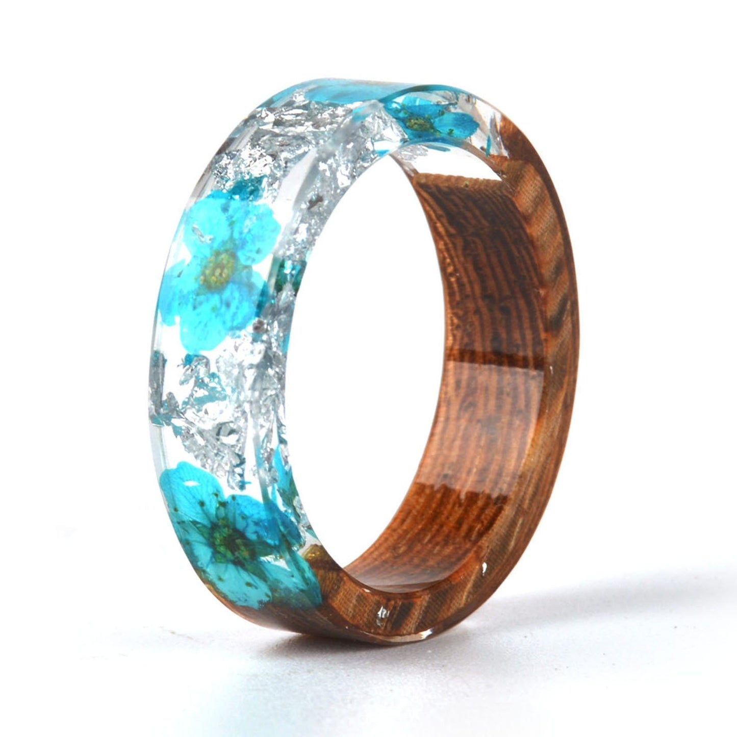 Womens Handmade Flower Resin Wood Ring Inside Gold And Silver Paper Unique Romantic Wedding Party Gift Jewelry