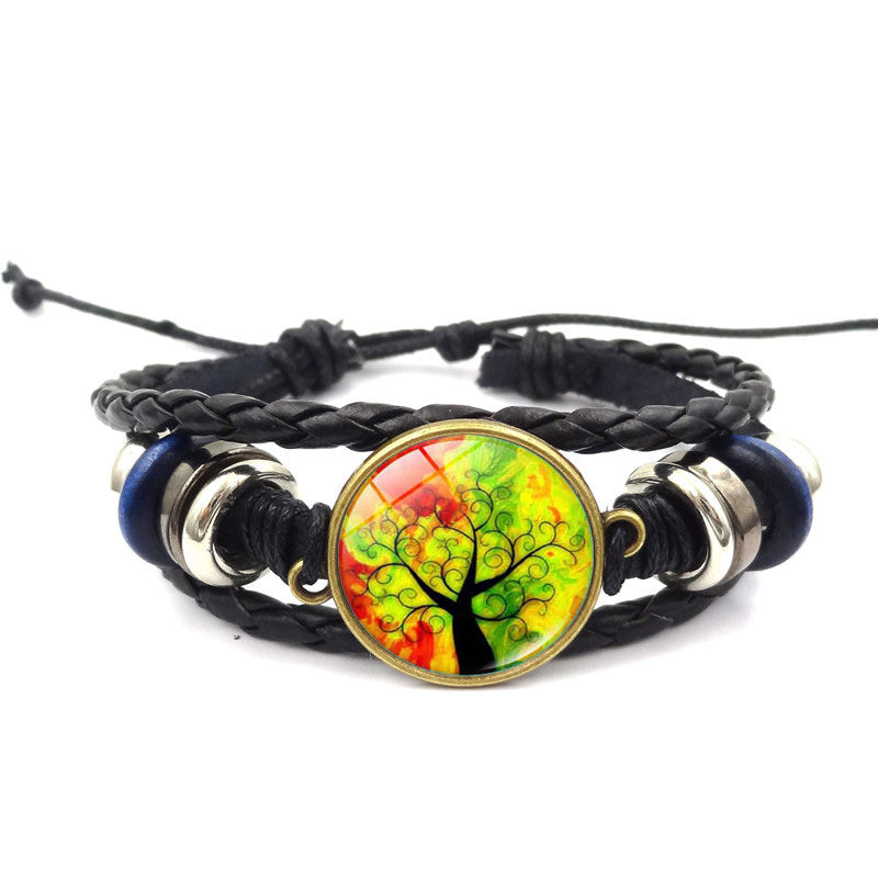 Tree of Life Handmade Multilayer Braided Leather Bracelet with Glass Charm Black Alloy Adjustable High Quality