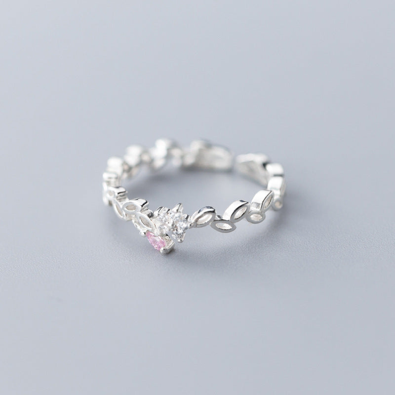 Womens 925 Silver Leaf Ring Adjustable Opening Design With White And Pink Diamond Accents In Rose Gold Jewelry