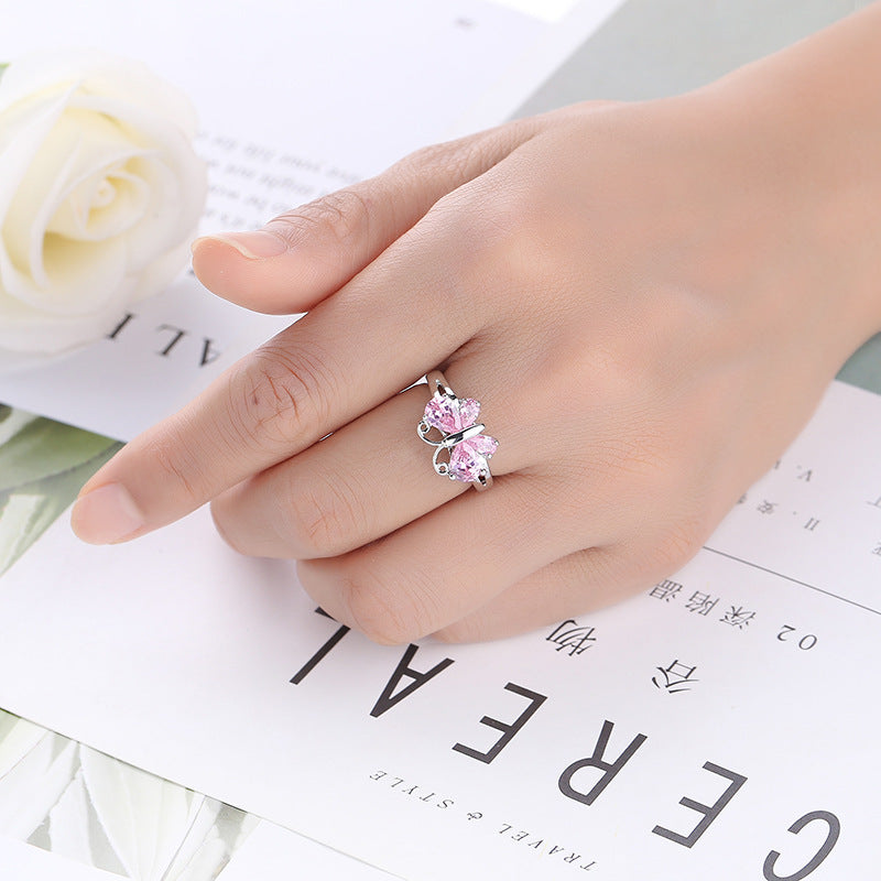 Pink Zircon Butterfly Ring Platinum Plated Copper Elegant Dainty Fashion Jewelry Sparkling Chic Accessory Gift