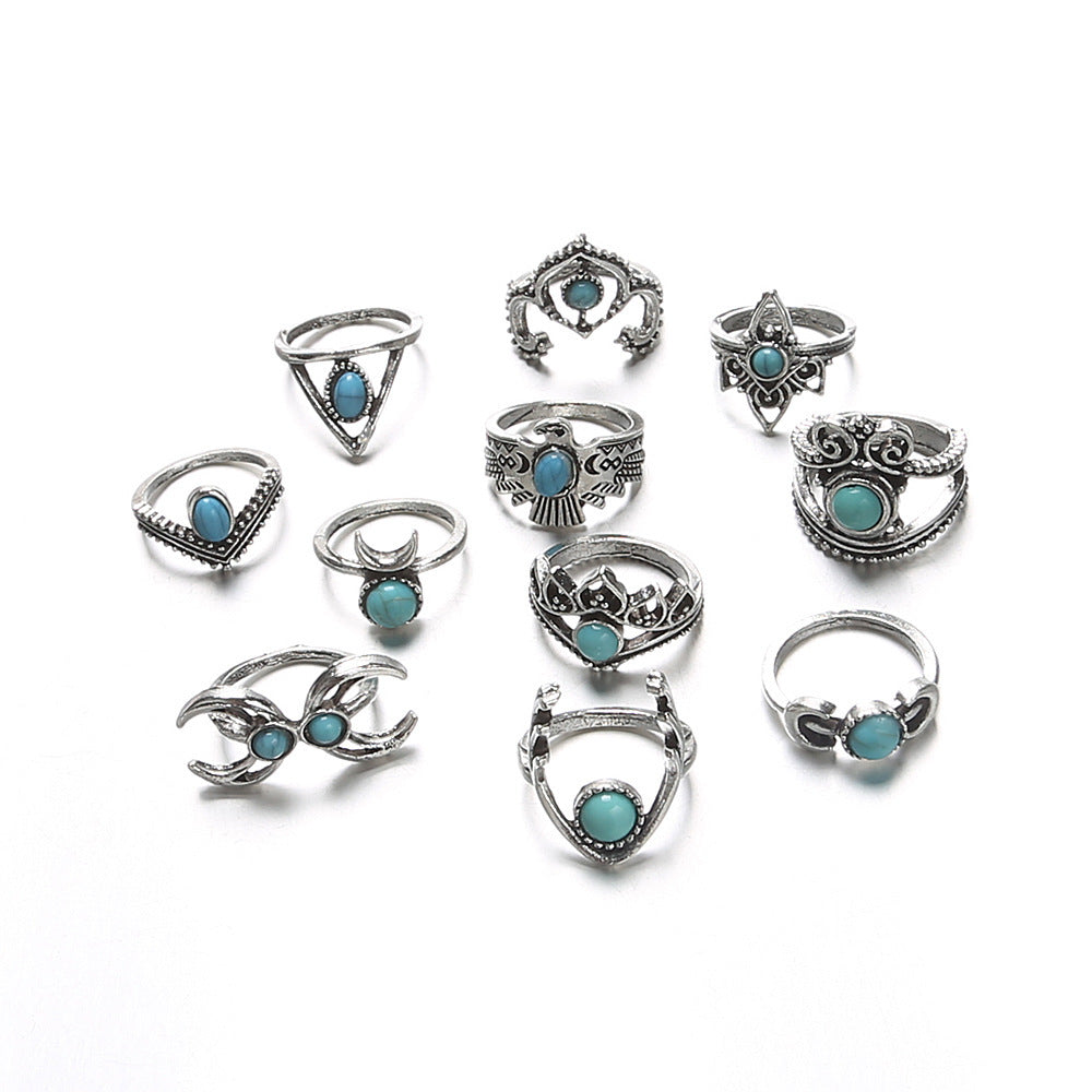 Turquoise Jewelry Set Women 11 Piece Antique Silver Alloy Ring Collection With Retro Crescent Owl Classic Owls