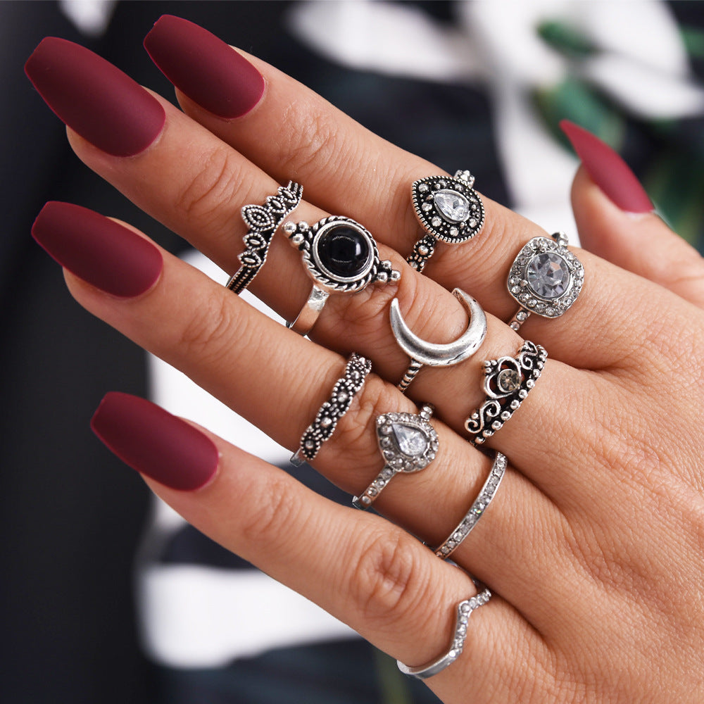 Womens Vintage Crystal Moon Ring Set Alloy Diamond Electroplated Geometric Fashion Jewelry Artificial For Women