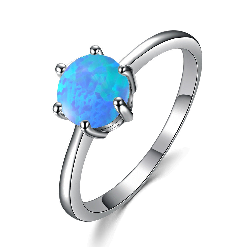 Six Prong Ladies Opal Ring Platinum Main Stone Opal Blue White Colorful Shine Gift For Special Occasions Today