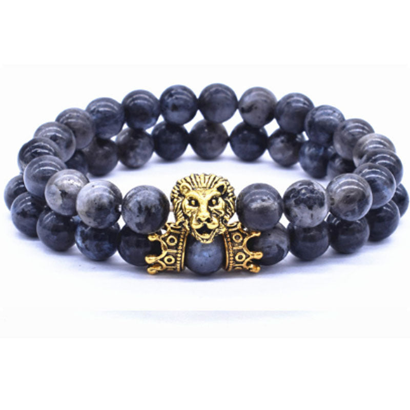 Lion Head Bracelet Crown Charm Alloy Bracelet For Men And Women Natural Stone Accents Adjustable Length 19cm Cord
