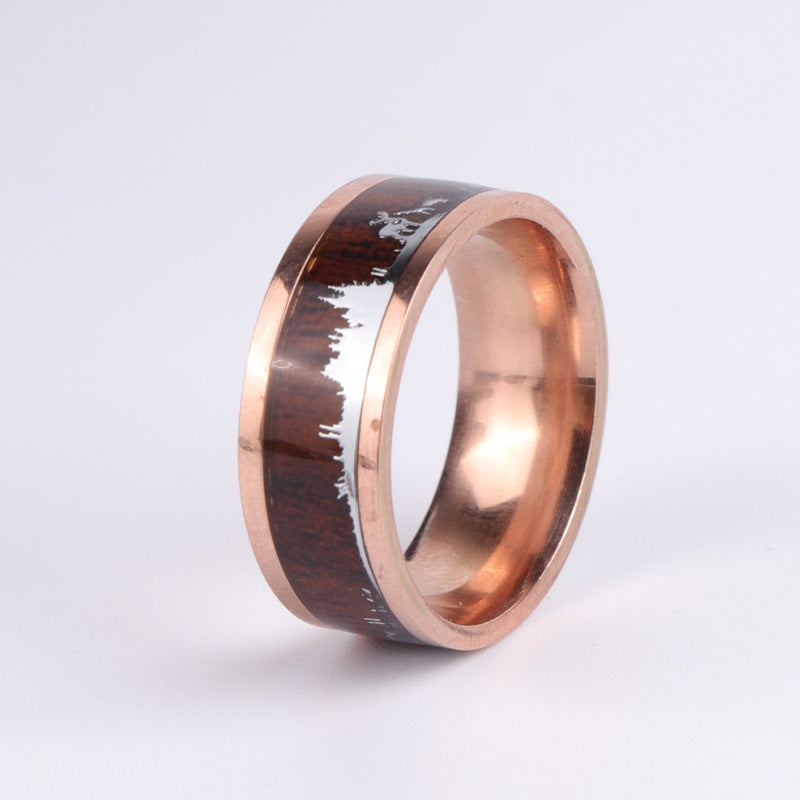 Mens Stainless Steel Ring With Wood Grains Silhouette Geometric Fashion Bands Durable Modern Jewelry Accessory