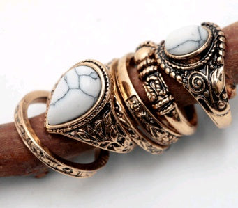 Women Ring Set Vintage Turquoise Mosaic Stackable Jewelry Bohemian Inspired Alloy Plated Gemstone Fashion Jewelry