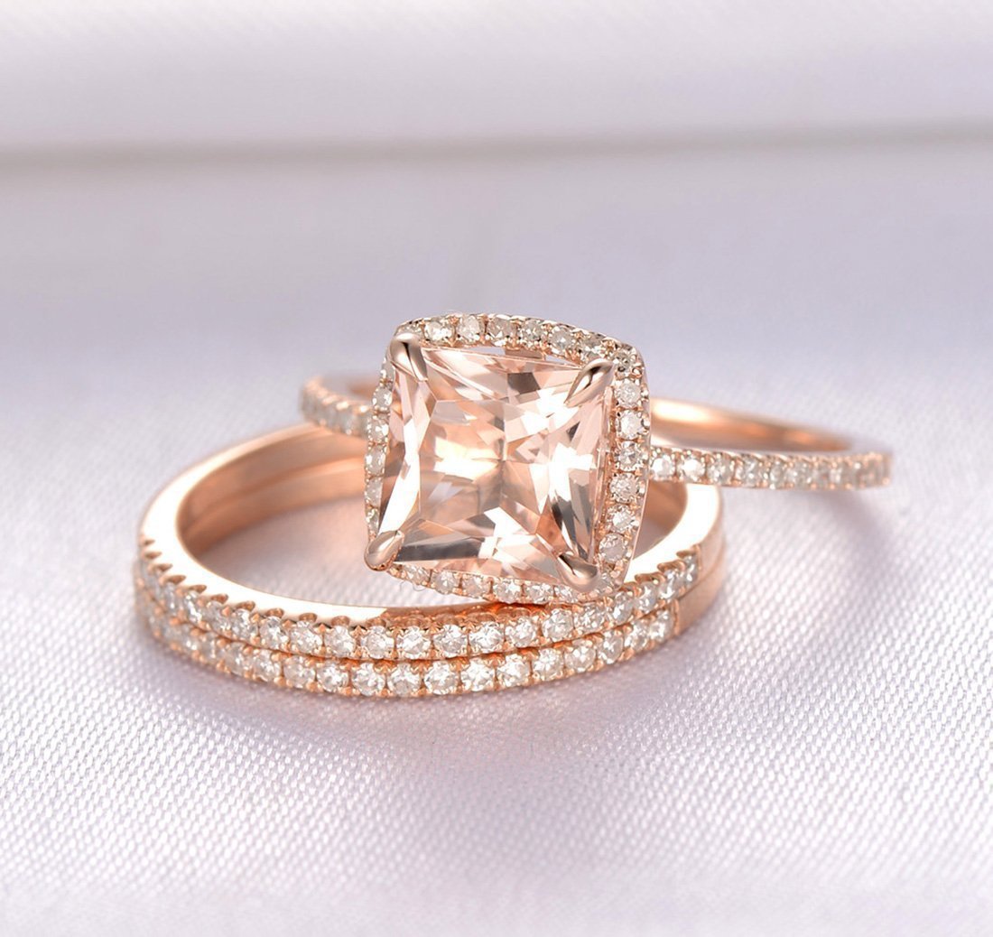 Womens Exquisite Luxury Square Diamond Ring Set Rose Gold Alloy Inlaid Artificial Gems Engagement Promise Jewelry