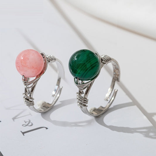 Unisex Vintage Ethnic Ring with Natural Emerald Gemstone Decoration Copper Electroplated Geometric Ring Fashion Ring Natural Stone Green and Pink