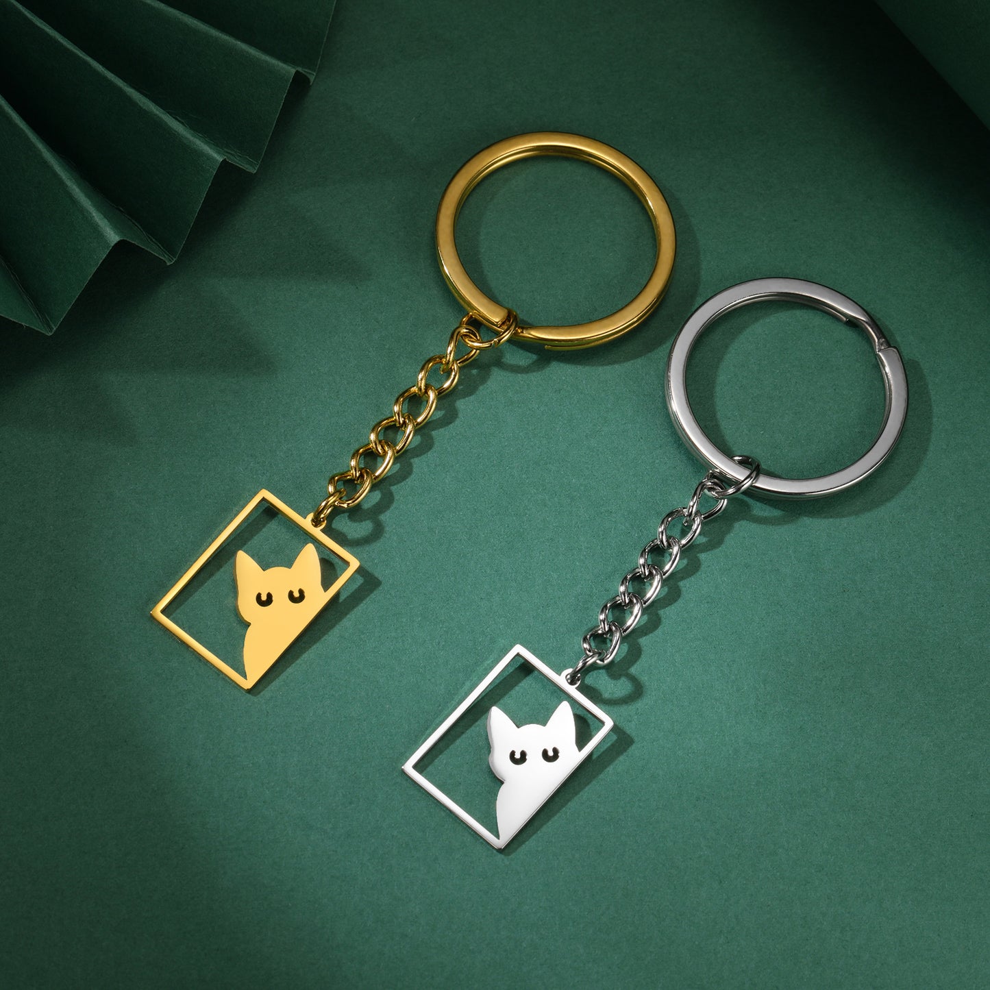 Womens Animal Keychain Titanium Steel Rectangular KittenPet Cat Shape Key Ring Fashion Accessory Durable Steel