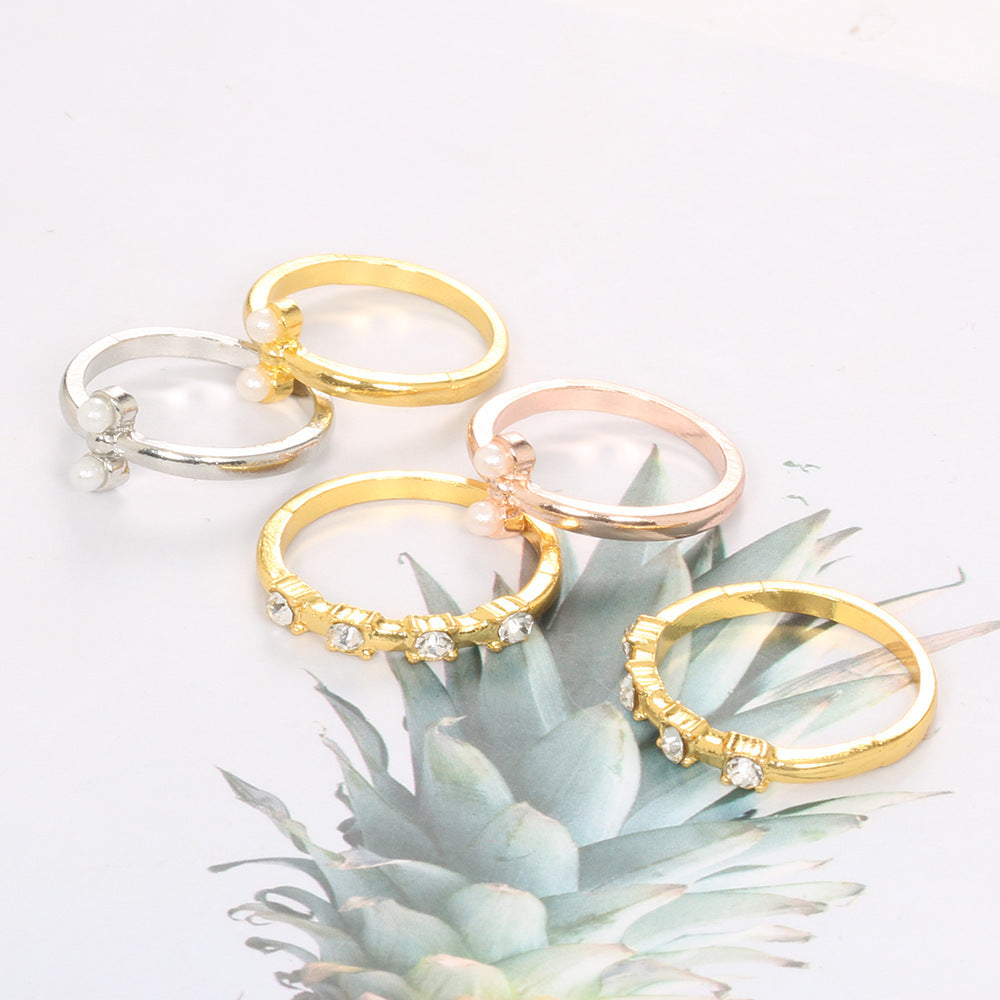 Electroplated Alloy Ring Set With Pearl Inlay And Artificial Gems Semi Precious Stones Fashion Jewelry Ring Pro