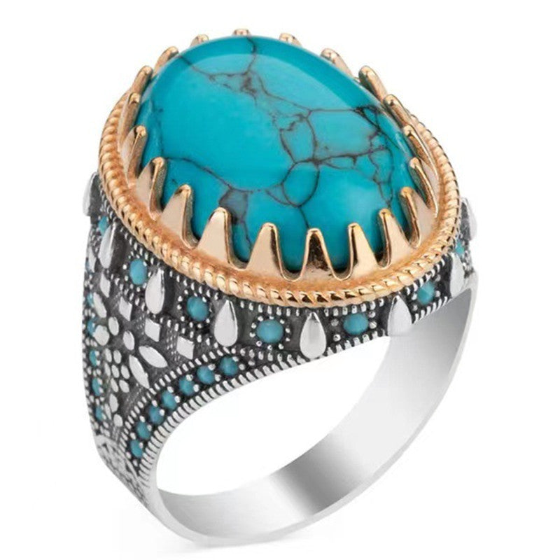 Mens Geometric Ring Electroplated Two Tone Metal Alloy Ring Inlaid Turquoise Stone Trendy Accessory Fashionable