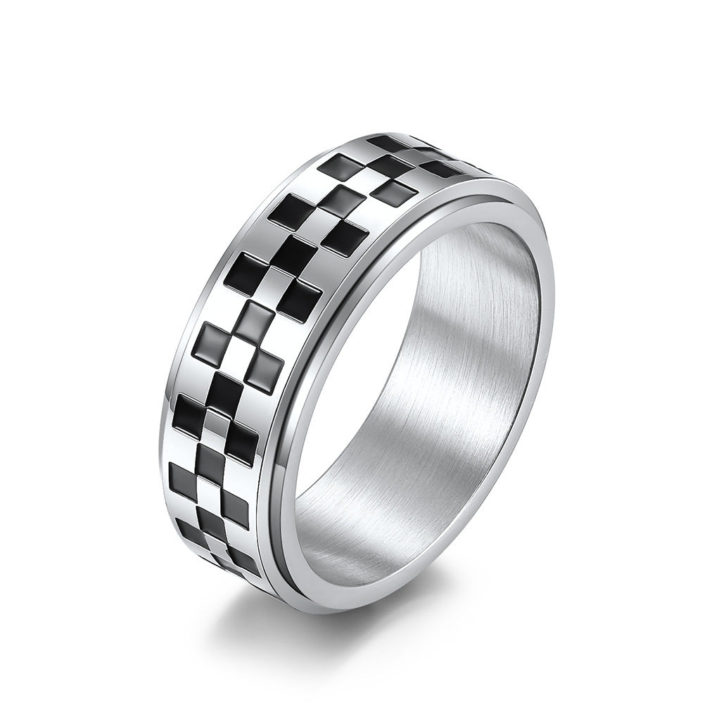 Unisex Stainless Steel Checkerboard Swivel Ring Black White Checkered Fidget Band 8mm Wide Durable Jewelry Accessory
