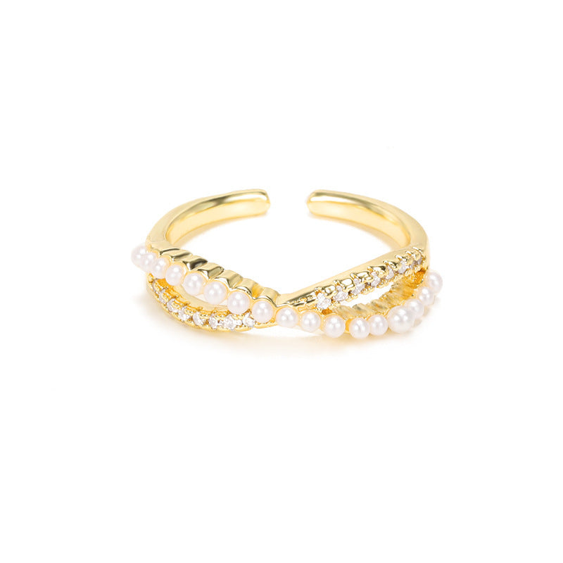Golden Brass Pearl Temperament Cross Finger Ring Adjustable