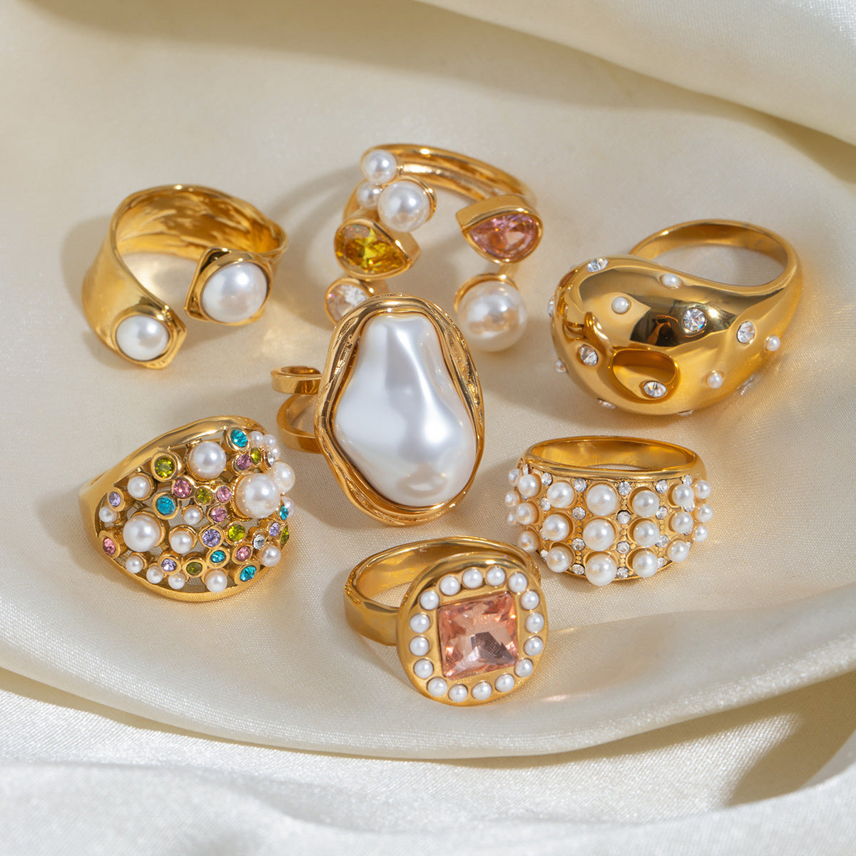 Women Ring Stainless Steel Pearl Eye Catching Geometric Round Electroplated European American Trendy Fashion Accessory