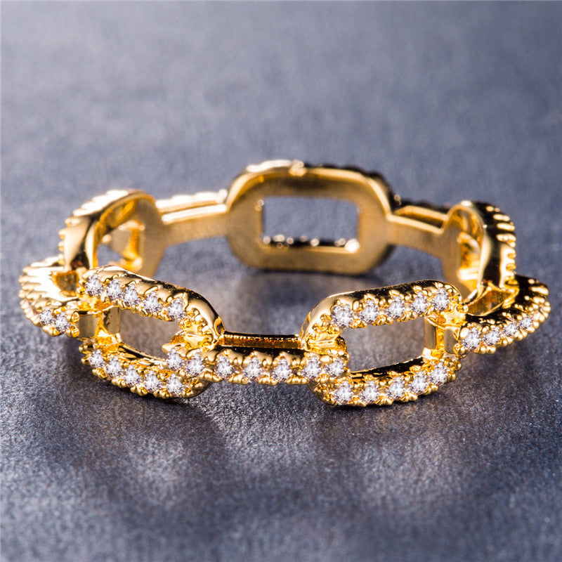 Zircon Inlaid Lock Chain Ring Gold Plated Copper Geometric