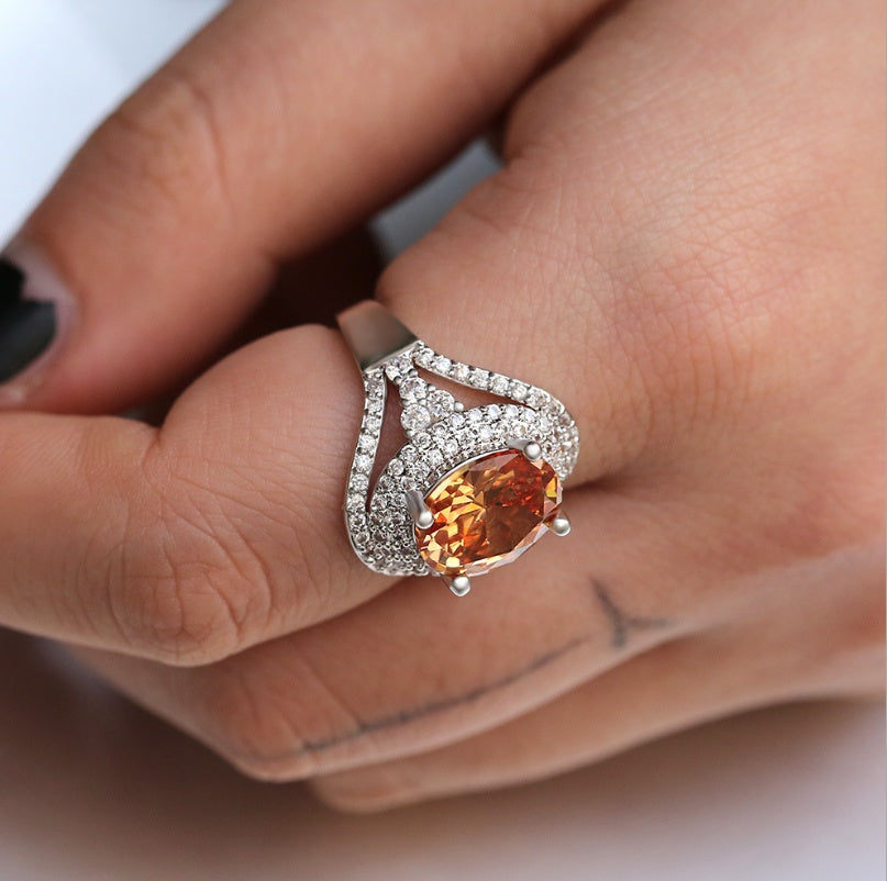 Cross-border wish Amazon new European and American new hot fashion champagne yellow zircon ring female wedding jewelry