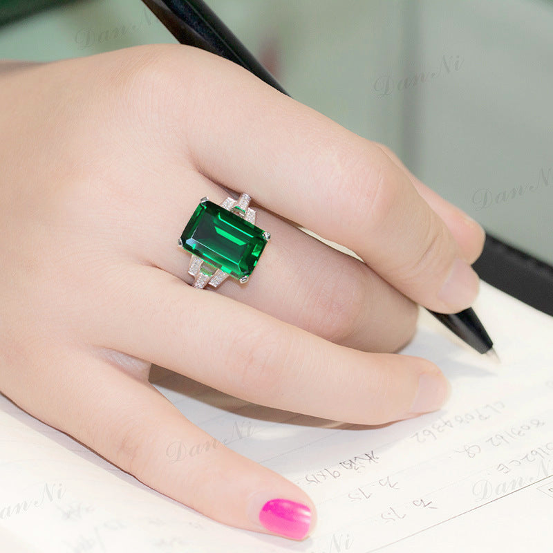 Emerald Square Ring White Gold Plated Copper Geometric Inlaid Gemstone Jewelry For Office Wear For Office Wear