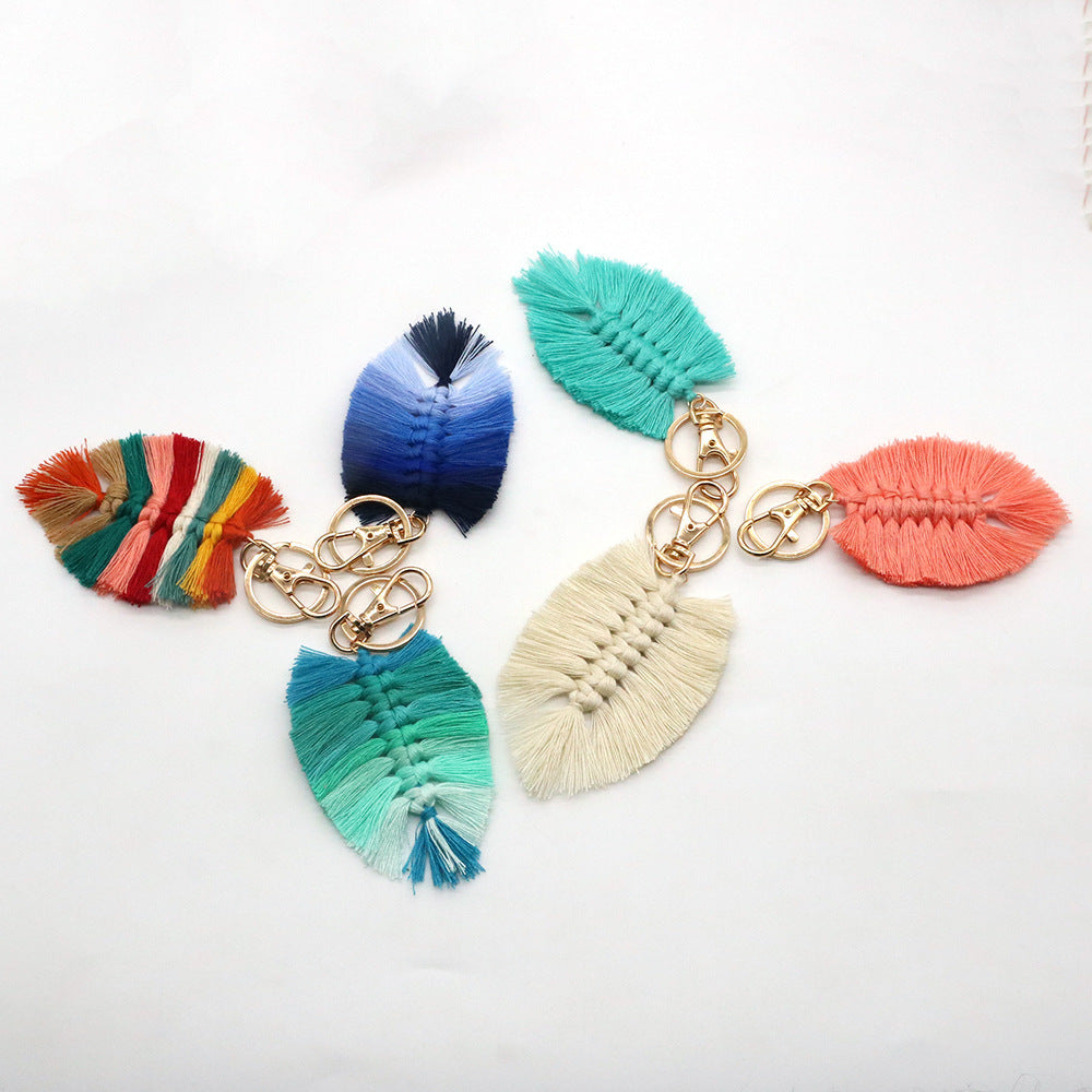Handwoven Key Chain With Tassel And Leaf Pendant Cotton Rope Key Chain Accessory Unisex Bag Charm Beige Modern